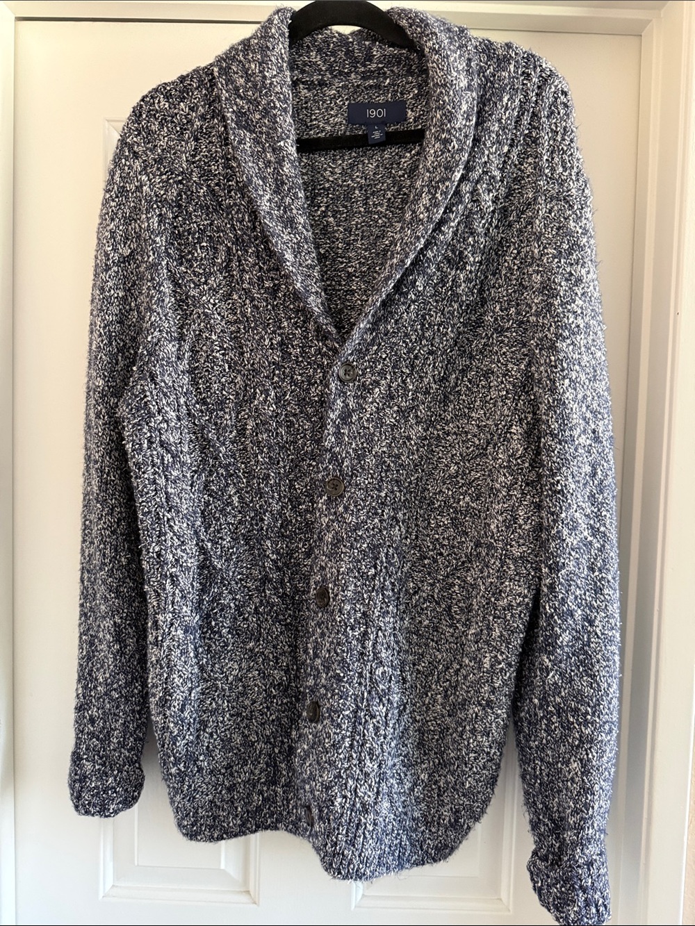1901 Marled Navy and White Shawl-Collar Button Cardigan